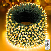 Roll of string lights with a remote control on a blurred light background